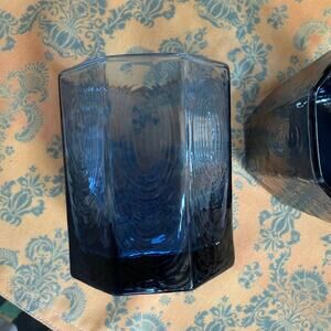 Libbey Facets Pair‎ of Cobalt Blue 8-Sided Textured Glass Tumblers